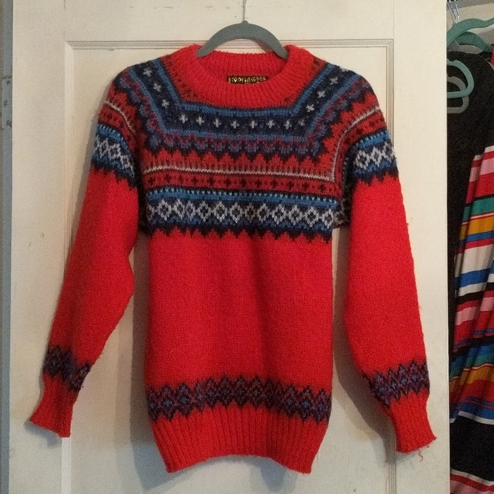 Norlander red sweater Norwegian Norway vintage wool fair isle as L